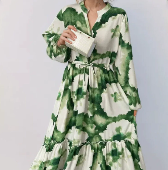 European and American women's spring new style lantern sleeve printed lapel, waist cinching and swinging dress