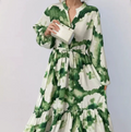 European and American women's spring new style lantern sleeve printed lapel, waist cinching and swinging dress