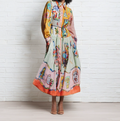 European and American women's spring new style lantern sleeve printed lapel, waist cinching and swinging dress