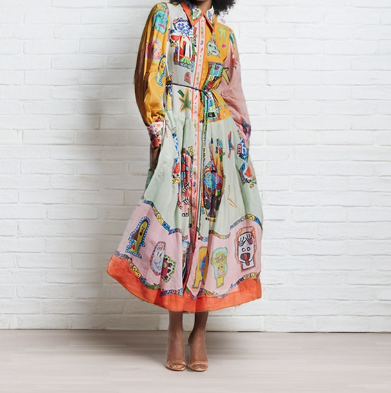 European and American women's spring new style lantern sleeve printed lapel, waist cinching and swinging dress
