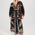 European and American women's spring new style lantern sleeve printed lapel, waist cinching and swinging dress