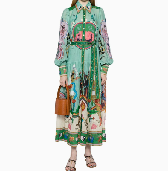 European and American women's spring new style lantern sleeve printed lapel, waist cinching and swinging dress