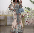 European and American women's spring new style lantern sleeve printed lapel, waist cinching and swinging dress