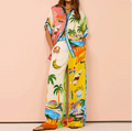European and American Women's Spring New Personalized Graffiti Casual Collar Shirt Long Sleeve Fashion Set