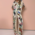 European and American Women's Spring New Personalized Graffiti Casual Collar Shirt Long Sleeve Fashion Set