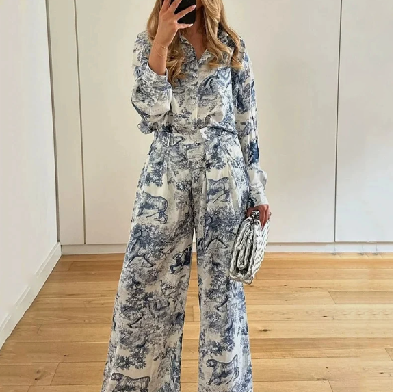 European and American Women's Spring New Personalized Graffiti Casual Collar Shirt Long Sleeve Fashion Set