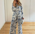 European and American Women's Spring New Personalized Graffiti Casual Collar Shirt Long Sleeve Fashion Set