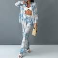 European and American Women's Spring New Personalized Graffiti Casual Collar Shirt Long Sleeve Fashion Set