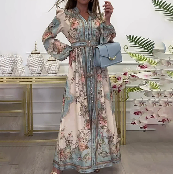 2026 Spring New Women's Clothing European and American Retro Palace V-neck Long sleeved Printed Pendant Dress