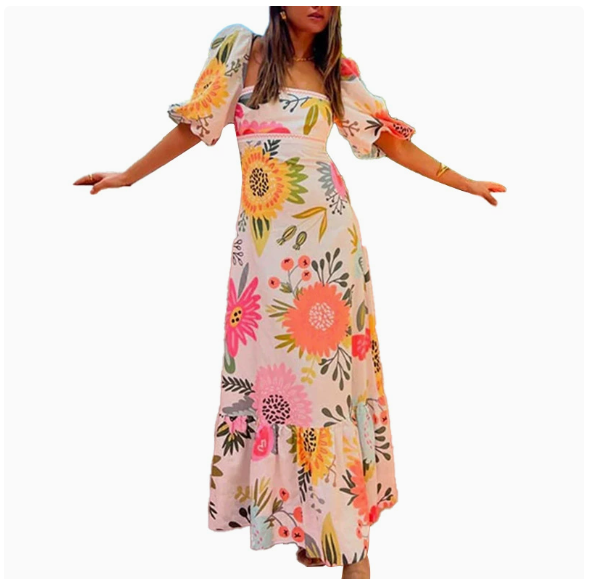 2026 European and American women's spring new one collar printed bubble short sleeved big swing dress