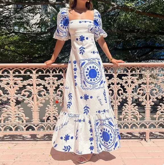 2026 European and American women's spring new one collar printed bubble short sleeved big swing dress