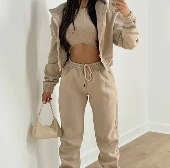 European and American women's spring new color casual sports hooded sweatshirt pants three piece set