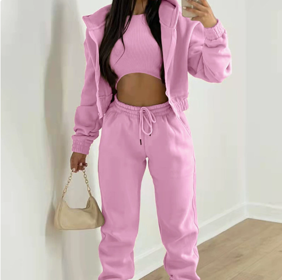 European and American women's spring new color casual sports hooded sweatshirt pants three piece set