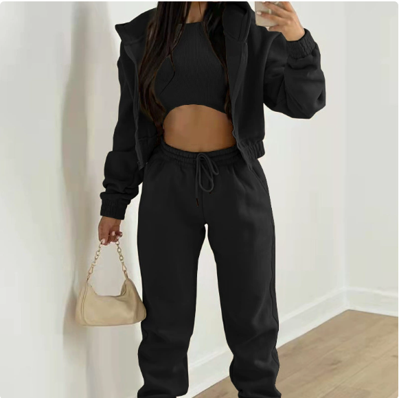 European and American women's spring new color casual sports hooded sweatshirt pants three piece set