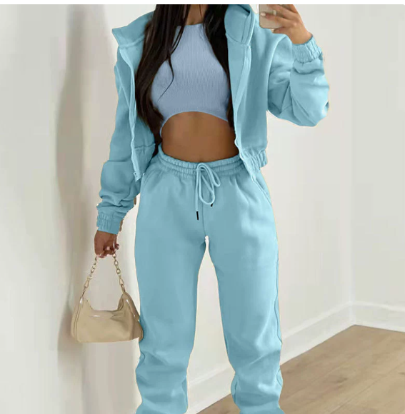 European and American women's spring new color casual sports hooded sweatshirt pants three piece set
