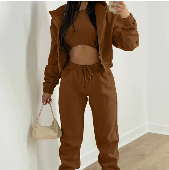 European and American women's spring new color casual sports hooded sweatshirt pants three piece set