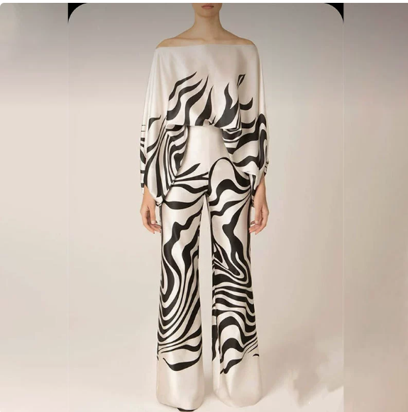 European and American women's spring new printed off shoulder loose bat sleeve wide leg pants set