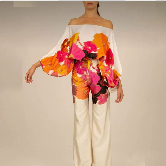 European and American women's spring new printed off shoulder loose bat sleeve wide leg pants set