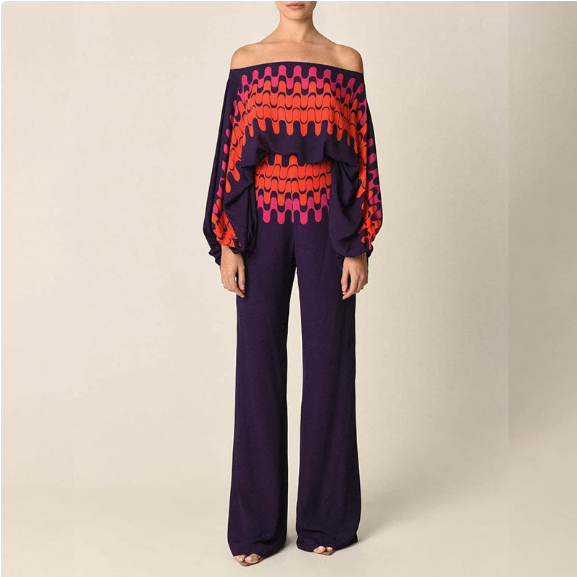 European and American women's spring new printed off shoulder loose bat sleeve wide leg pants set
