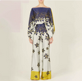 European and American women's spring new printed off shoulder loose bat sleeve wide leg pants set