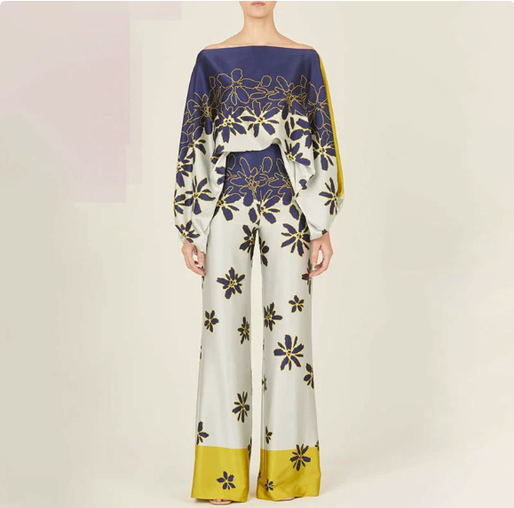 European and American women's spring new printed off shoulder loose bat sleeve wide leg pants set