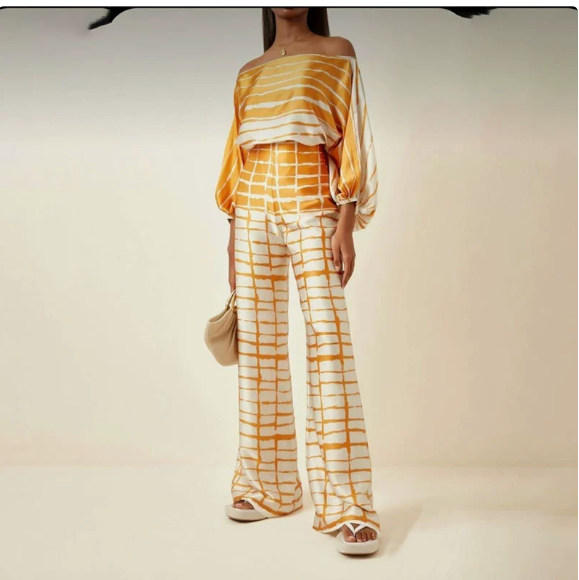 European and American women's spring new printed off shoulder loose bat sleeve wide leg pants set