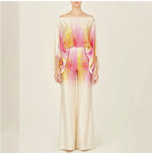 European and American women's spring new printed off shoulder loose bat sleeve wide leg pants set