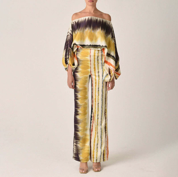 European and American women's spring new printed off shoulder loose bat sleeve wide leg pants set