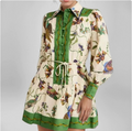 European and American women's spring new style lace up printed lapel long sleeved pleated European and American dress