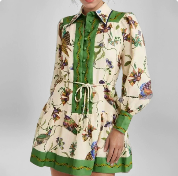 European and American women's spring new style lace up printed lapel long sleeved pleated European and American dress