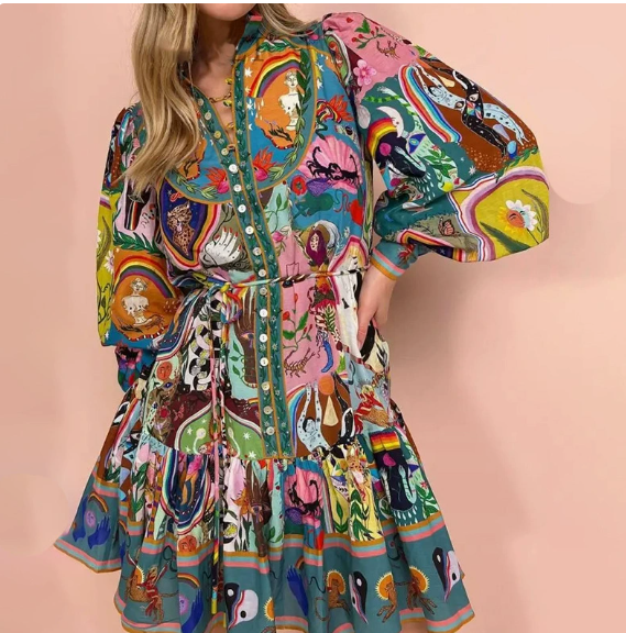 European and American women's spring new style lace up printed lapel long sleeved pleated European and American dress