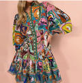 European and American women's spring new style lace up printed lapel long sleeved pleated European and American dress