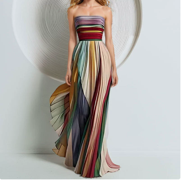 2026 Spring New European and American Sexy strapless Color Printed Dress