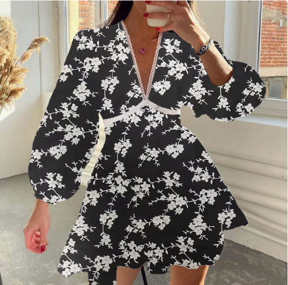 European and American women's spring new sweet print V-neck lace short long sleeved dress