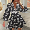 European and American women's spring new sweet print V-neck lace short long sleeved dress
