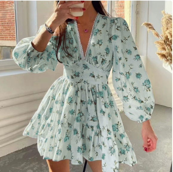 European and American women's spring new sweet print V-neck lace short long sleeved dress