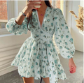 European and American women's spring new sweet print V-neck lace short long sleeved dress