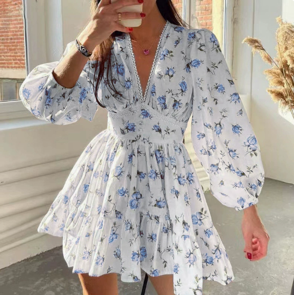 European and American women's spring new sweet print V-neck lace short long sleeved dress