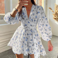 European and American women's spring new sweet print V-neck lace short long sleeved dress
