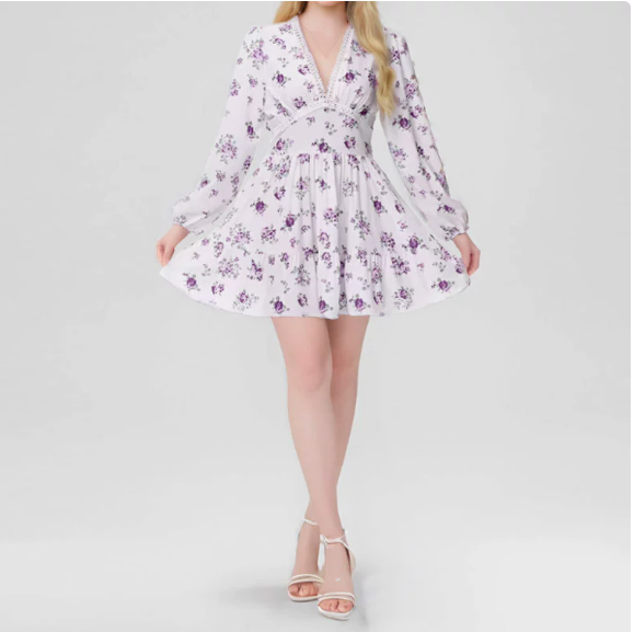 European and American women's spring new sweet print V-neck lace short long sleeved dress