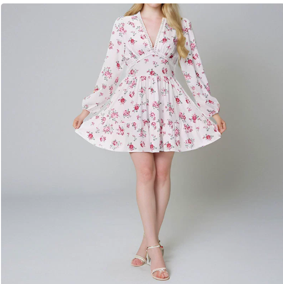 European and American women's spring new sweet print V-neck lace short long sleeved dress