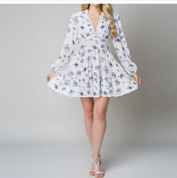 European and American women's spring new sweet print V-neck lace short long sleeved dress