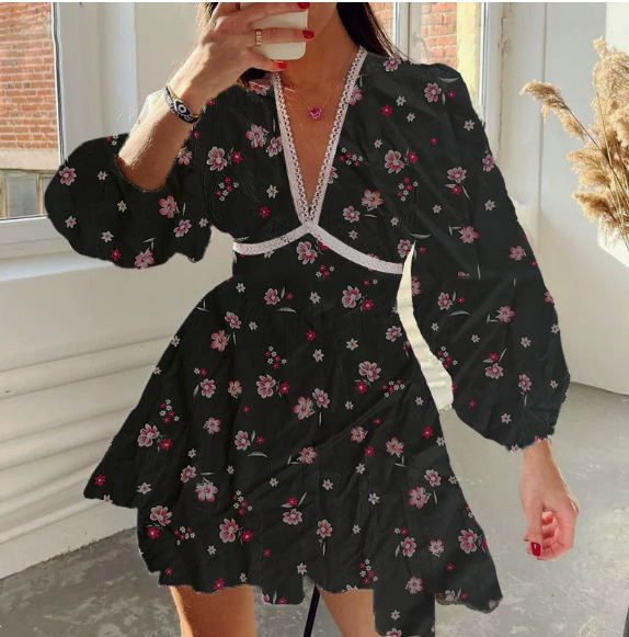 European and American women's spring new sweet print V-neck lace short long sleeved dress