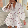 European and American women's spring new sweet print V-neck lace short long sleeved dress