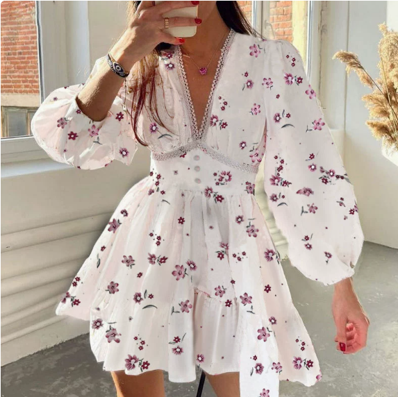 European and American women's spring new sweet print V-neck lace short long sleeved dress