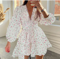 European and American women's spring new sweet print V-neck lace short long sleeved dress