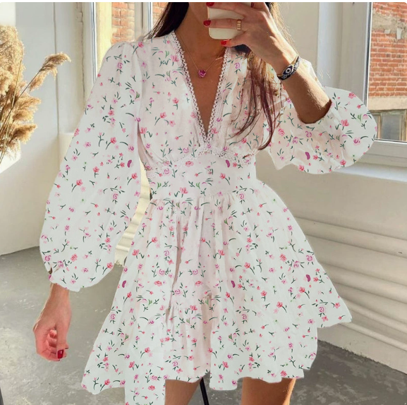 European and American women's spring new sweet print V-neck lace short long sleeved dress