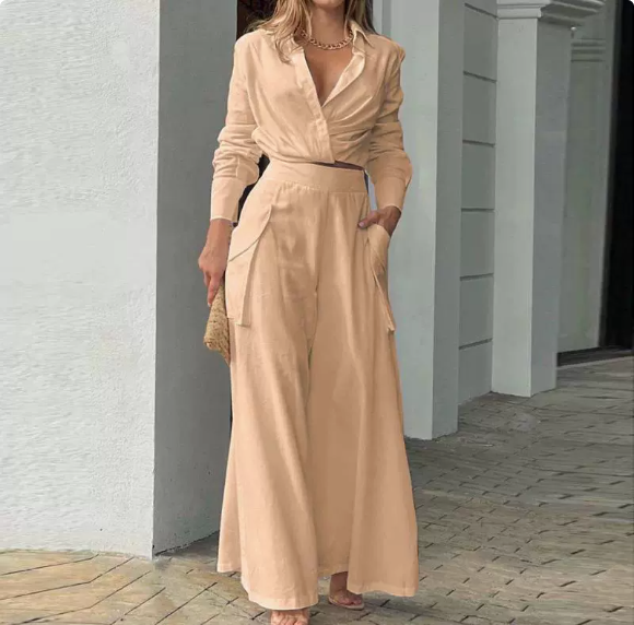 European and American Women's Spring New Solid Color Temperament Commuter Pocket Long Sleeve Fashion Set