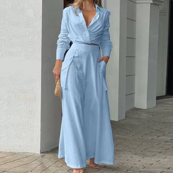 European and American Women's Spring New Solid Color Temperament Commuter Pocket Long Sleeve Fashion Set
