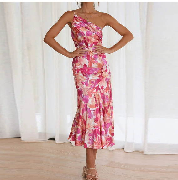 New European and American women's sexy camisole long dress with printed slanted neck fishtail dress, exuding a stylish commuting vibe
